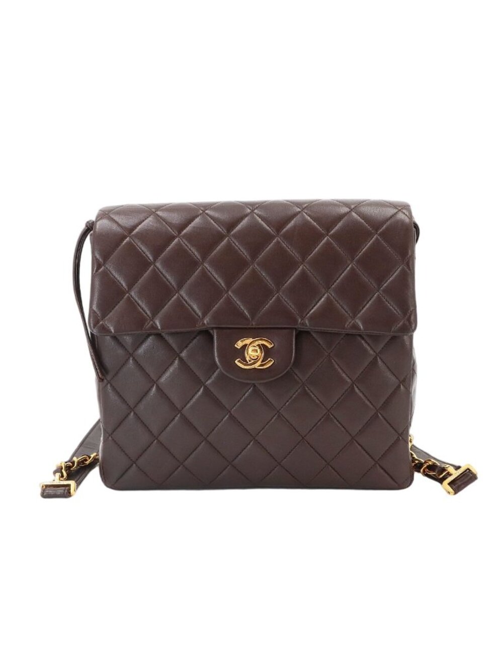Chanel Quilted Chain Backpack Lambskin Brown Vintage Gold